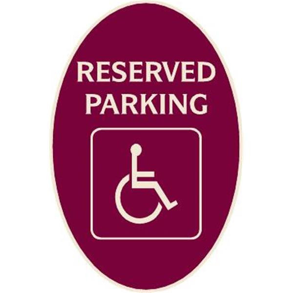 Reserved Parking/Handicapped Symbol Oval Sign, Ivory On Burgundy, 12 X 18