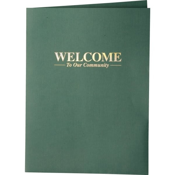 Personalized Welcome Folders, Foil Stamped Linen, Green Package Of 100