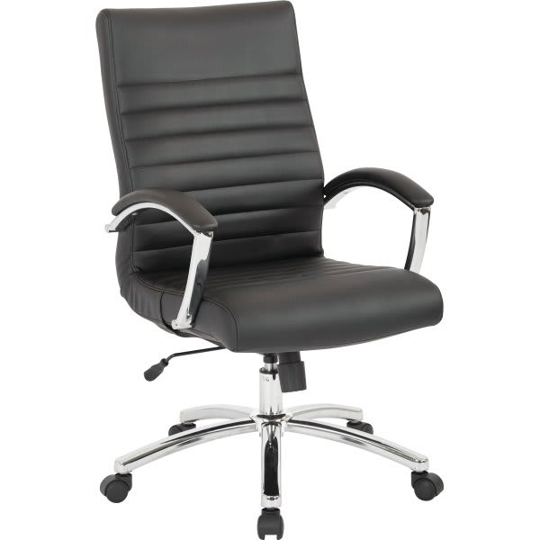 Worksmart Mid-Back Chair, Black Faux Leather, Padded Arms And Chrome Finish Base