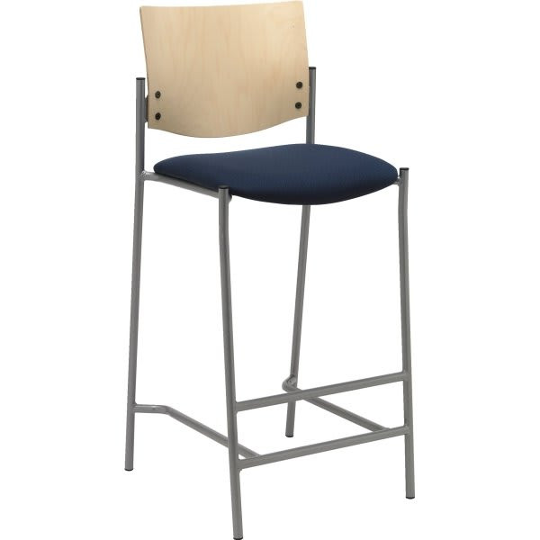 Kfi Barstool With Natural Wood Back, Navy Fabric Seat, Silver Frame