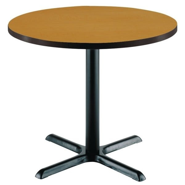 Kfi 36" Round Pedestal Table Medium Oak High Pressure Laminate Top, Iron Base