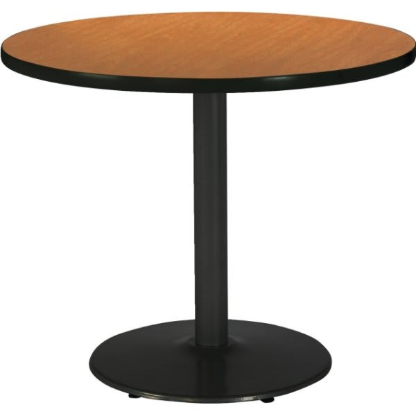 Kfi 42" Round Pedestal Table With Medium Oak Top, Round Black Base