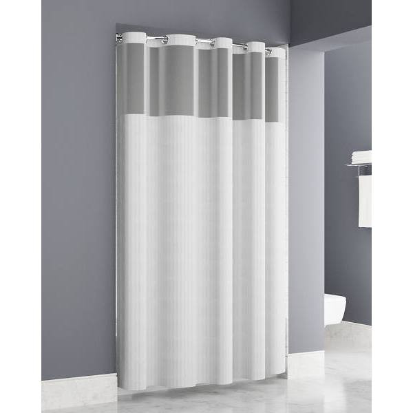 Zenna Herringbone Easy Hang White Shower Curtain 71x77 Sheer Window With Waterproof Liner Attached- Chrome Hooks