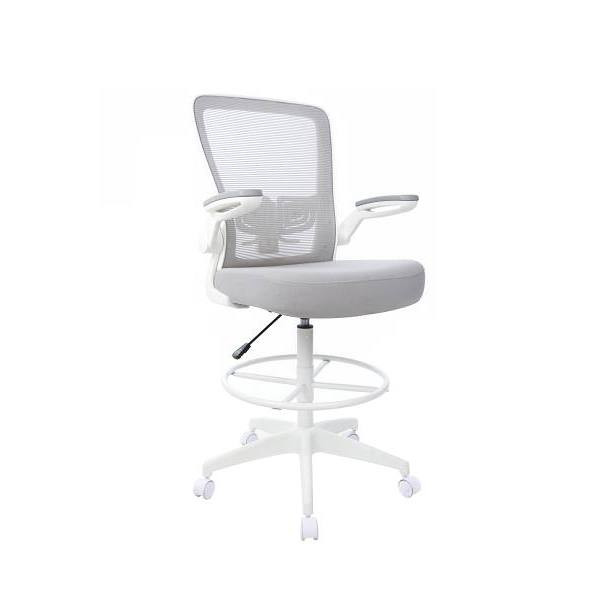 Boss Office Products Wht Frame Draft Chair-Gray Mesh-Fab Upholstery-Seat Cushion