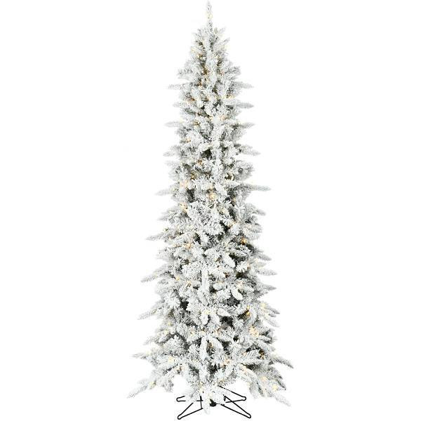 Fraser Hill Farm 9' Slim Mountain Pine Flocked Christmas Tree With LED Lights
