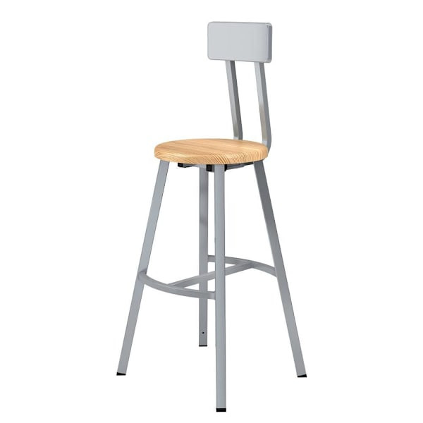 National Public Seating 30" Titan Stool Solid Wood Seat W/Backrest Grey Frame