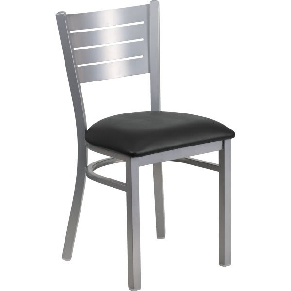 Flash Furniture Hercules Series Silver Slat Back Metal Restaurant Chair Black Vinyl Seat