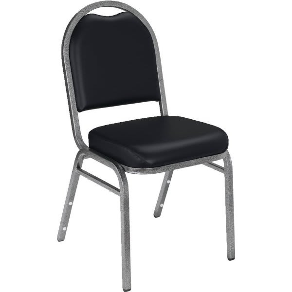 National Public Seating Black Vinyl Crown Back Stack Chair Silver Frame