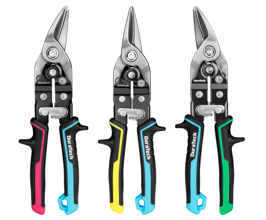 3PCS Aviation Snips Set | 10 Inch Left Straight Right Cut Tin Snips for Cutting Metal Sheet | CR-V Steel Heavy Duty Tin Snips with Visible Cutting Length