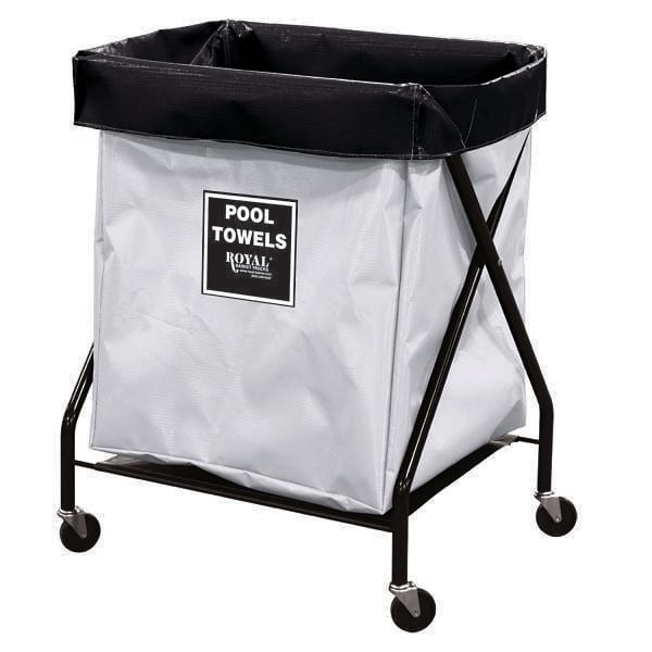 Royal Basket Trucks 6 Bushel X-Frame Cart & White Vinyl Bag Labeled Pool Towels