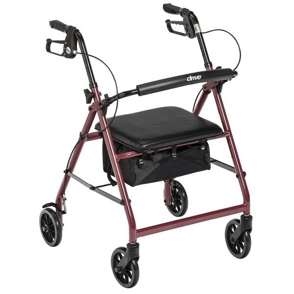 Drive Medical Design Rollator, 6" 4 Wheel Padded Seat Red