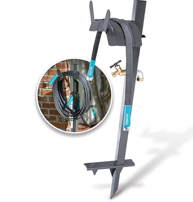 Aqua Joe Steel Garden Hose Stand with Brass Faucet and Quick-Install Anchor Base - Heavy-Duty Freestanding Holder for Outdoor Lawn, Yard & Garden Hose Storage, SJ-SHSBB-GRY