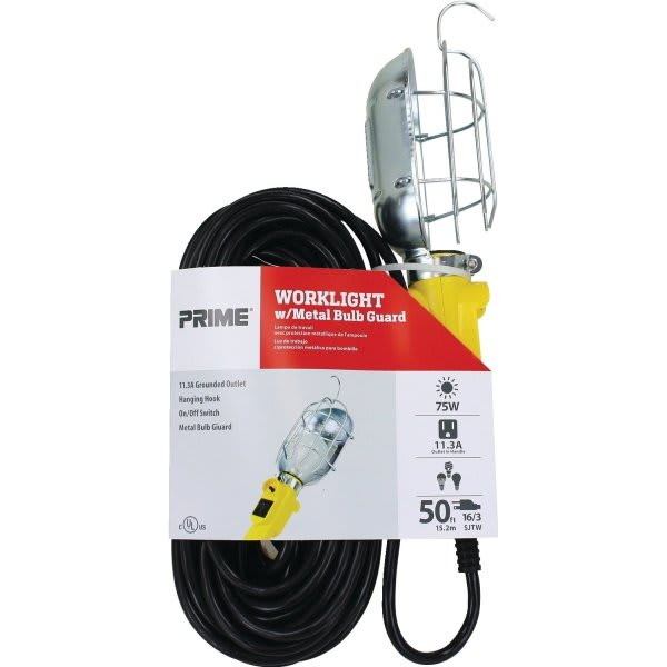 Prime Wire & Cable Work Light With Metal Guard, 50' Yellow Cord, 16/3 Sjt