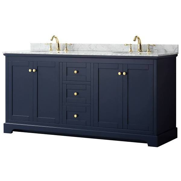 Wyndham Avery 72" Dark Blue Double Vanity, Carrara Marble Top, Oval Sinks