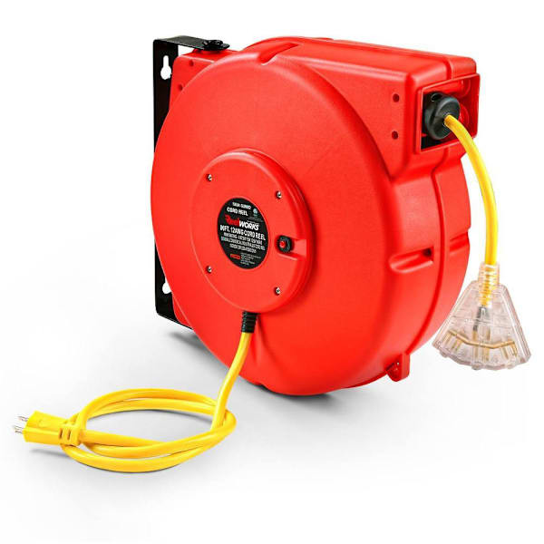 Reelworks 80' 12/3 15 Amp Retractable Extension Cord Reel W/3-Grounded Outlets