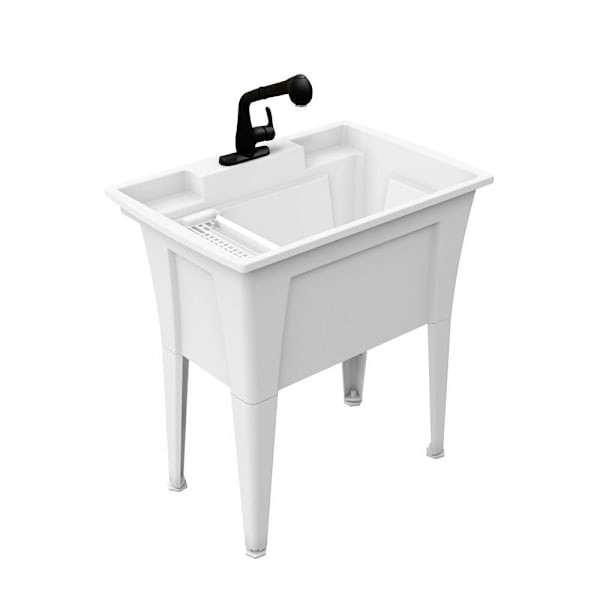 Rugged Tub 32"X22" White Utility Sink W/ 1-Handle Black Faucet & Install Kit