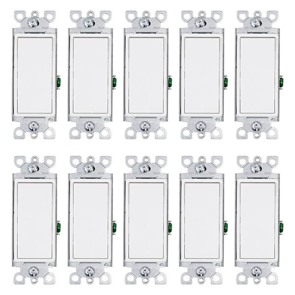 Energetic Lighting 15 Amp Single Pole Rocker Light Switch, White, Package Of 10