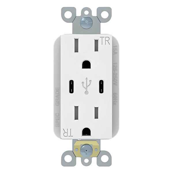 Energetic Lighting 15 Amp Duplex Outlet With Type C Charger, White