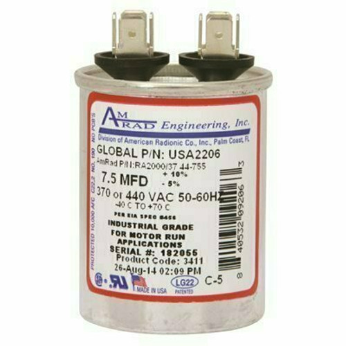 AMRAD ENGINEERING ROUND USA-MADE MOTOR RUN CAPACITOR, 7.5 MFD, 370/440 VAC AMRAD ENGINEERING ROUND USA-MADE MOTOR RUN CAPACITOR, 7.5 MFD, 370/440 VAC
