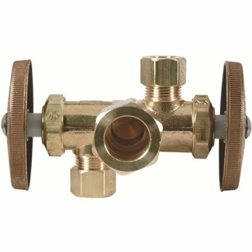 BrassCraft 1/2 in. Nom Comp Inlet x 3/8 in. O.D. Comp x 3/8 in. O.D. Comp Dual Outlet Dual Shut-Off Rough Brass Angle Valve BrassCraft 1/2 in. Nom Comp Inlet x 3/8 in. O.D. Comp x 3/8 in. O.D. Comp Dual Outlet Dual Shut-Off Rough Brass Angle Valve