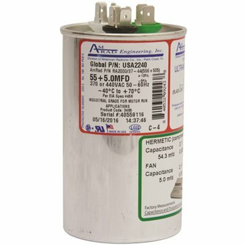 AMRAD ENGINEERING 55/5 MFD, 370/440 VAC Round Motor Run Capacitor AMRAD ENGINEERING 55/5 MFD, 370/440 VAC Round Motor Run Capacitor