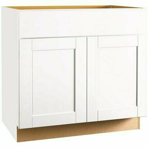 Hampton Bay Shaker 36 in. W x 24 in. D x 34.5 in. H Assembled Sink Base Kitchen Cabinet in Satin White Hampton Bay Shaker 36 in. W x 24 in. D x 34.5 in. H Assembled Sink Base Kitchen Cabinet in Satin White