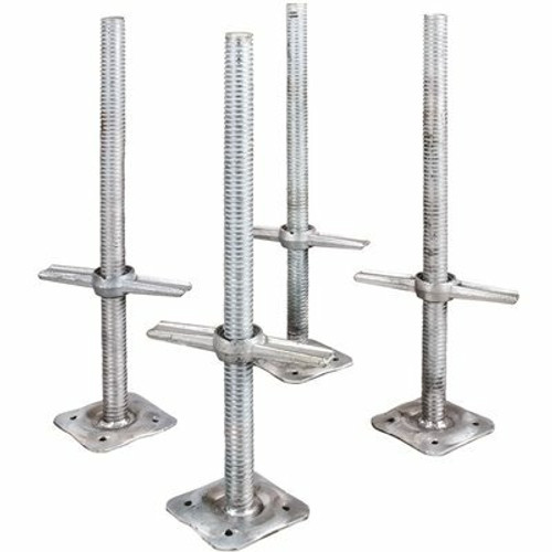 24-inch Galvanized Steel Adjustable Leveling Jacks with Heavy-Duty Base Plate and Wing Nut Screw for Scaffolds, 4-Pack