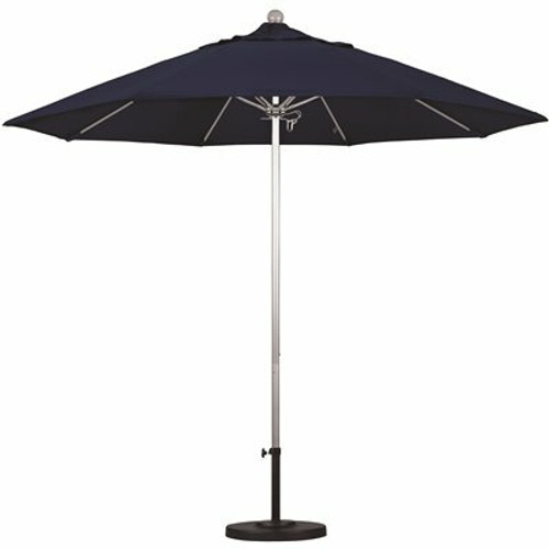 9 ft. Silver Aluminum Commercial Market Patio Umbrella with Fiberglass Ribs and Push Lift in Navy Blue Sunbrella