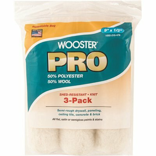 Wooster 9 in. x 1/2 in. High-Density Pro 50/50 Polyester/Wool Fabric Roller Cover (3-Pack) Wooster 9 in. x 1/2 in. High-Density Pro 50/50 Polyester/Wool Fabric Roller Cover (3-Pack)