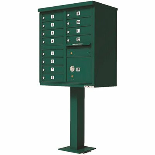 Florence USPS Delivery Pedestal Mounted vital Cluster Box Unit with 12 Mailboxes, 1 Parcel Locker in Forest Green