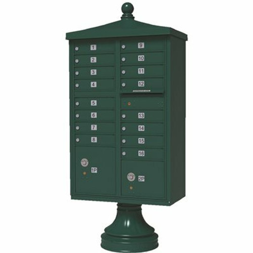 USPS Delivery Pedestal Mounted vogue Traditional Cluster Box Unit with 16 Mailboxes, 2 Parcel Lockers in Forest Green