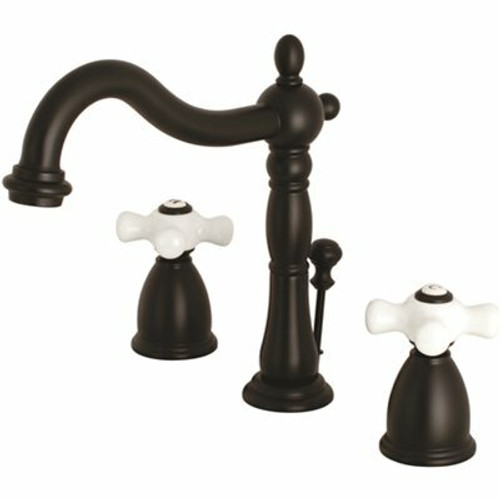 Kingston Brass Victorian Cross 8 in. Widespread 2-Handle Bathroom Faucet in Matte Black with Porcelain Handle Kingston Brass Victorian Cross 8 in. Widespread 2-Handle Bathroom Faucet in Matte Black with Porcelain Handle