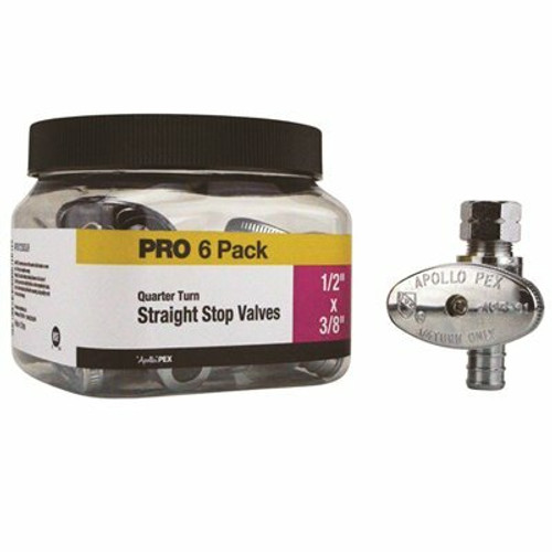 Apollo 1/2 in. Chrome-Plated Brass PEX-B Barb x 3/8 in. Compression Quarter-Turn Straight Stop Valve Pro Pack (6-Pack)
