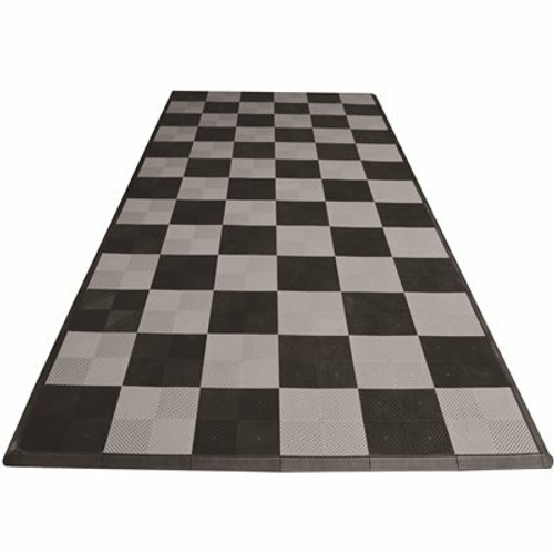 Swisstrax 8.3 ft. x 17.5 ft. Black and Silver Checkered Ribtrax Smooth Eco Flooring, Single Car Pad Kit