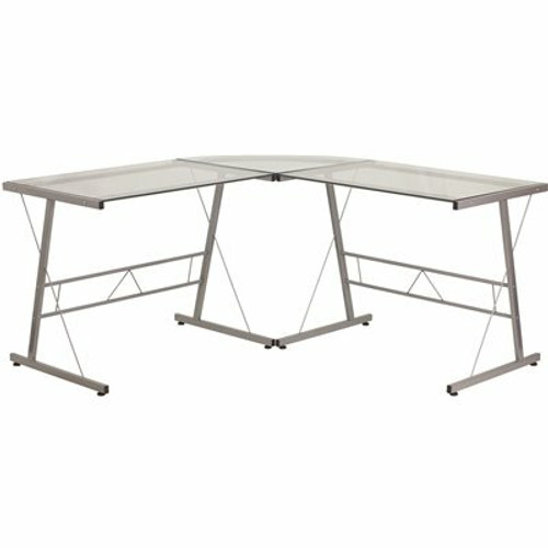 Carnegy Avenue 83.5 in. L-Shaped Clear/Silver Computer Desks with Glass Top