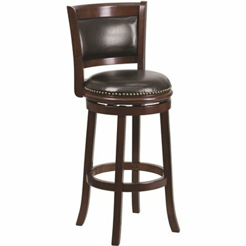 Carnegy Avenue 29 in. High Cappuccino Wood Bar Stool with Panel Back and Black Leather Swivel Seat