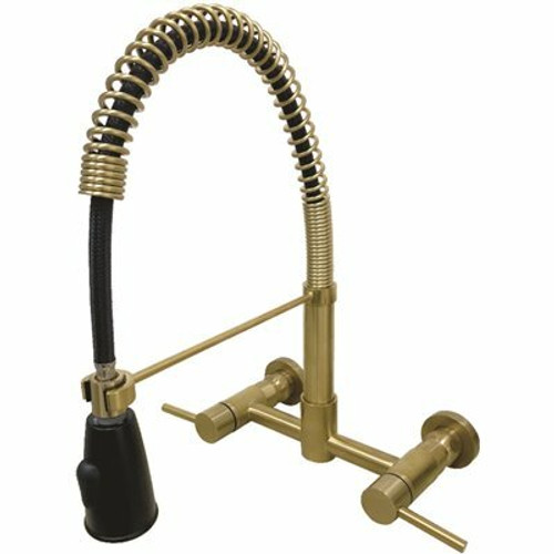 Kingston Brass Concord 2-Handle Wall-Mount Pull-Down Sprayer Kitchen Faucet in Brushed Brass