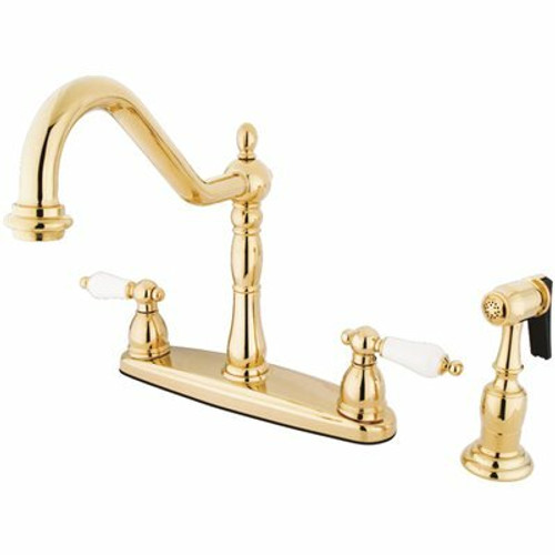 Kingston Brass Heritage 2-Handle Standard Kitchen Faucet with Side Sprayer in Polished Brass 309132783