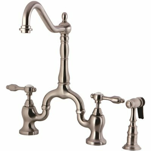 Kingston Brass Tudor 2-Handle Bridge Kitchen Faucet with Side Sprayer in Brushed Nickel