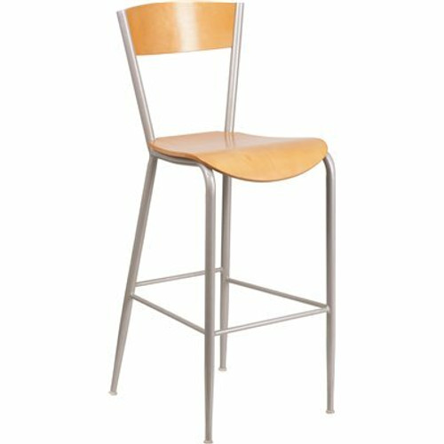 Flash Furniture 29.5 in. Natural Wood Seat/Silver Frame Bar Stool