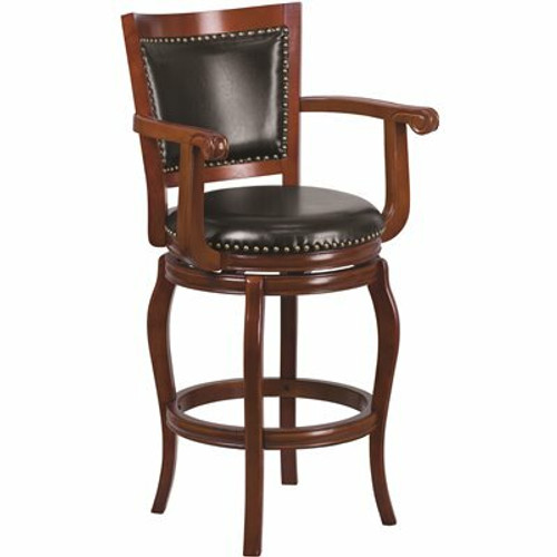 Cherry Wood Vestina 30 in. Leather Soft Barstool with Footrest and Arms,Classic Ladder Back Upholstered Bar Height Stool