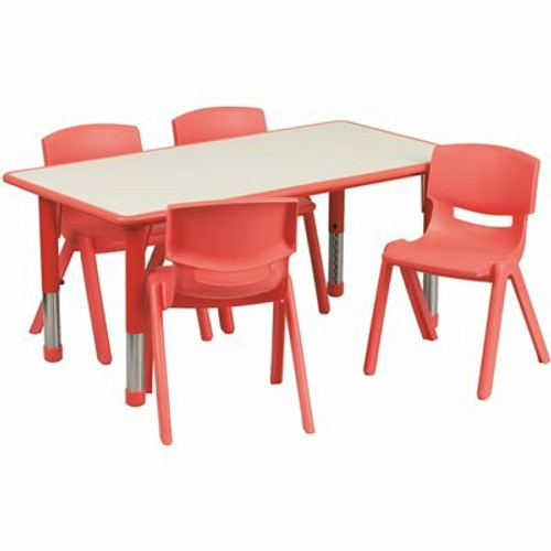 Red/Gray Emmy Adjustable Classroom Activity Table with 4 Stackable Chairs, Rectangular Plastic Activity Table for Kids