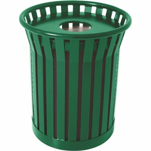 Plaza 36 Gal. Green Steel Strap Trash Receptacle with Flat Top