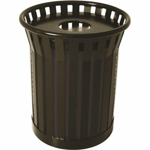 Plaza 36 Gal. Matte Black Steel Strap Trash Receptacle with Flat Top