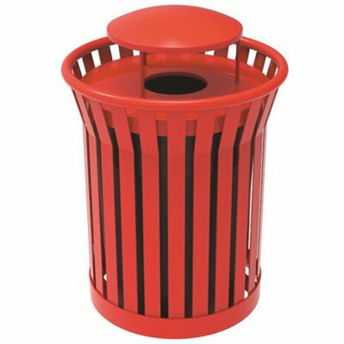 Plaza 36 Gal. Red Steel Strap Trash Receptacle with Rain Bonnet