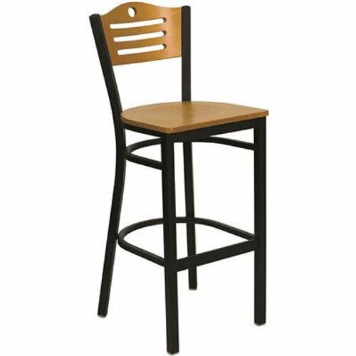 Flash Furniture HERCULES Series 29.75 in. Natural Wood Back/Natural Wood Seat/Black Metal Frame Bar Stool 311058704