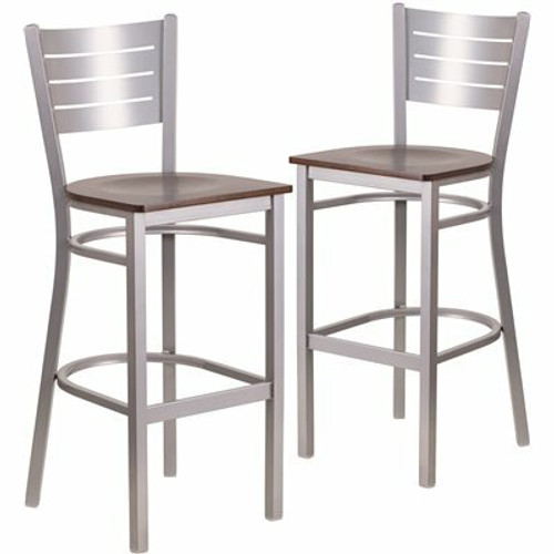 Carnegy Avenue 27.125 in. Walnut Wood Seat/Silver Frame Bar Stool (2-pack)