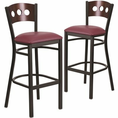Carnegy Avenue 32 in. Walnut Wood Back/Burgundy Vinyl Seat/Black Metal Frame Bar Stool (2-pack) 311141306