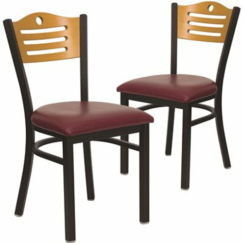 Carnegy Avenue Natural Wood Back/Burgundy Vinyl Seat/Black Metal Frame Restaurant Chairs (Set of 2) 311256921