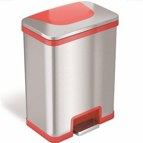 HLS COMMERCIAL 13 Gal. Pedal-Sensor Stainless Steel Trash Can with Red Trim and Odor Filter